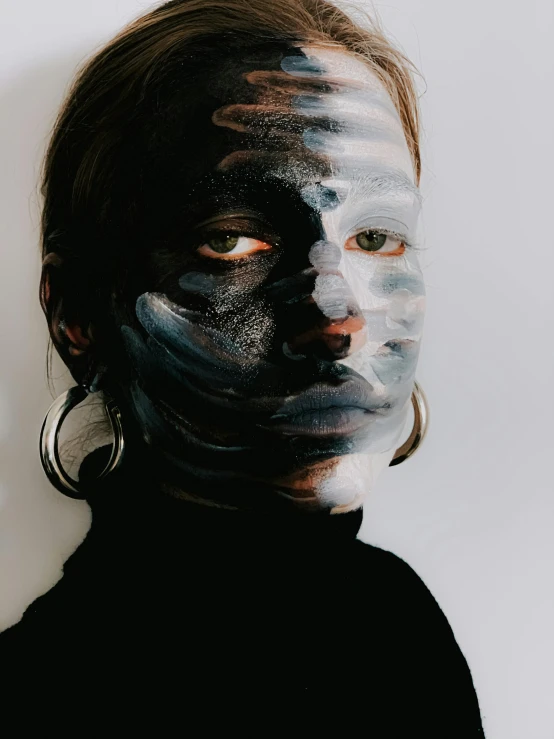 a woman with black paint on her face, a hyperrealistic painting, trending on pexels, symmetrical face and full body, profile image, portrait made of paint, profile pic