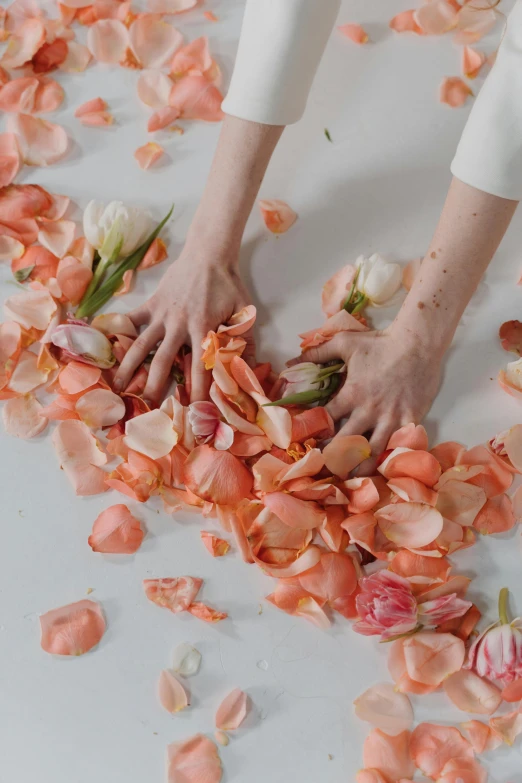 a person putting petals in the shape of a heart, by Sara Saftleven, laying down with wrists together, in shades of peach, floating bouquets, editorial footage