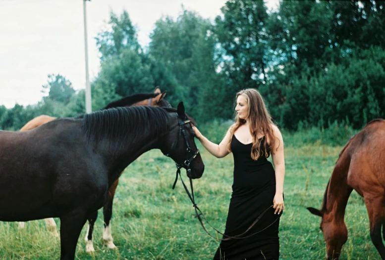 a woman standing next to two horses in a field, by Julia Pishtar, medium format. soft light, profile image, alexey gurylev, portait image