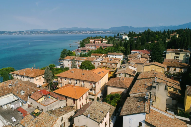 a group of buildings sitting next to a body of water, an album cover, inspired by Niccolò dell' Abbate, pexels contest winner, renaissance, aerial photo, view of villages, panorama distant view, a quaint