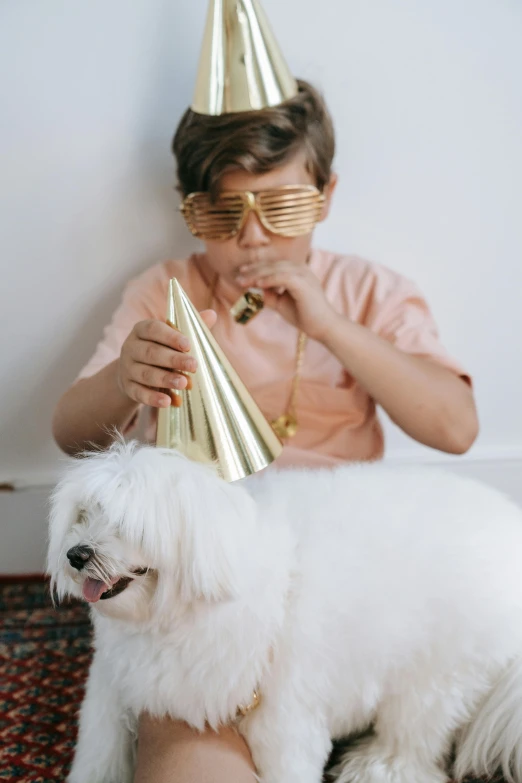 a woman sitting next to a white dog wearing a party hat, an album cover, pexels, a boy made out of gold, wearing shades, kid, full product shot