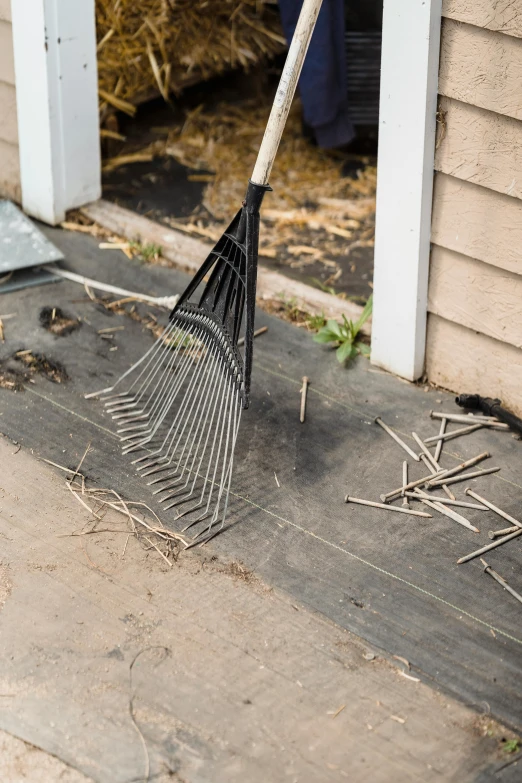 a rake leaning against the side of a house, unsplash, auto-destructive art, fibres trial on the floor, high angle close up shot, mesh roots, sweeping arches