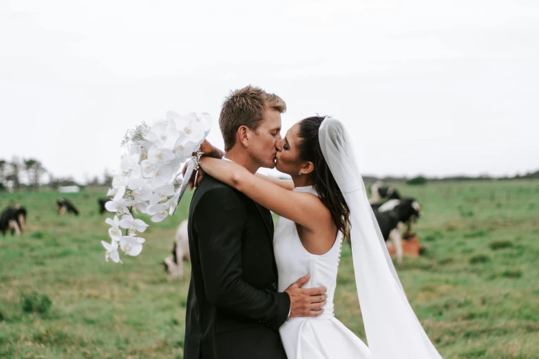 a bride and groom kissing in a field of cows, unsplash, manuka, floating bouquets, billy butcher, on a farm