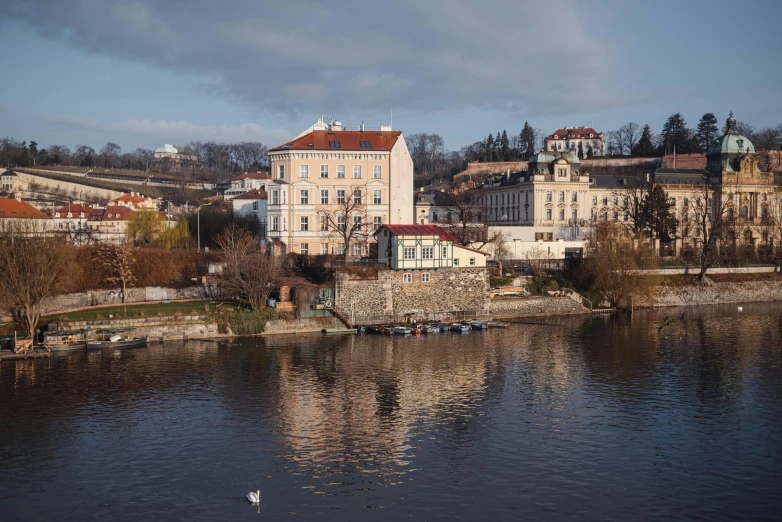 a body of water with a bunch of buildings in the background, a photo, inspired by Kazimierz Alchimowicz, pexels contest winner, paisley, slightly sunny, panoramic, january