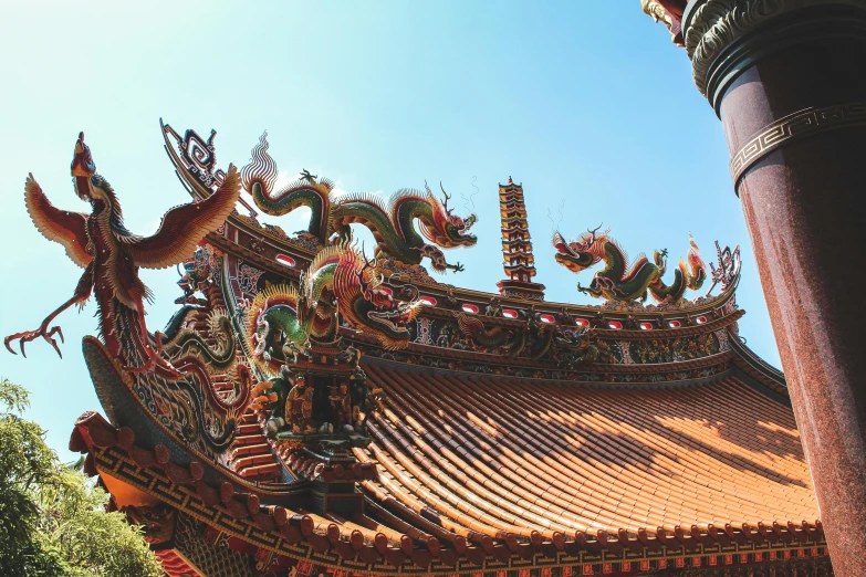 a close up of a building with a dragon on top, by Reuben Tam, pexels contest winner, cloisonnism, asymmetrical spires, taiwan, brown, 🦩🪐🐞👩🏻🦳