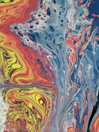 a close up of a marbled surface with a blue sky in the background, inspired by Shōzō Shimamoto, trending on unsplash, metaphysical painting, red yellow blue, made of liquid, pouring, silver dechroic details