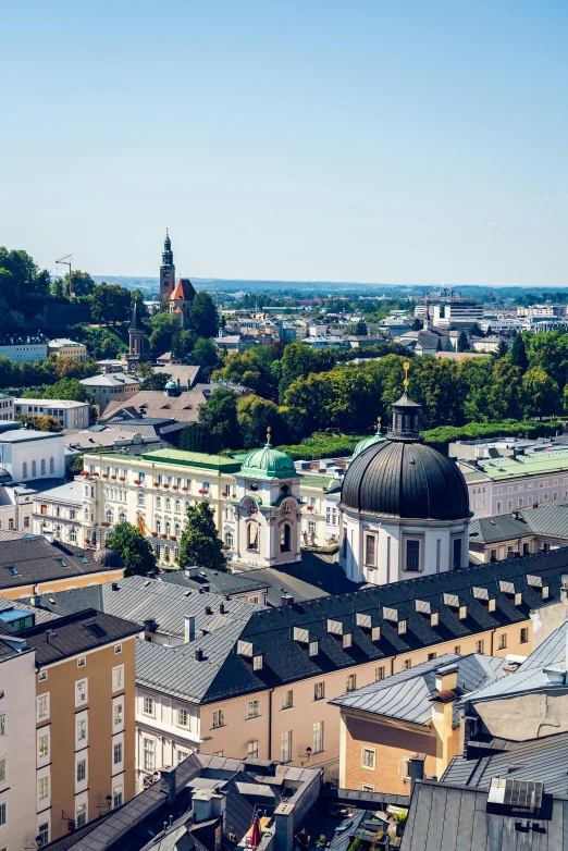 a view of a city from the top of a building, pexels contest winner, viennese actionism, black domes and spires, in the foreground a small town, “ aerial view of a mountain, kings row in the background