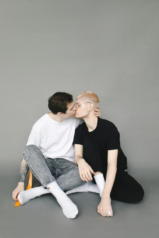 a man and a woman sitting next to each other, an album cover, pexels, antipodeans, lesbian kiss, albino white pale skin, 15081959 21121991 01012000 4k, cute boys