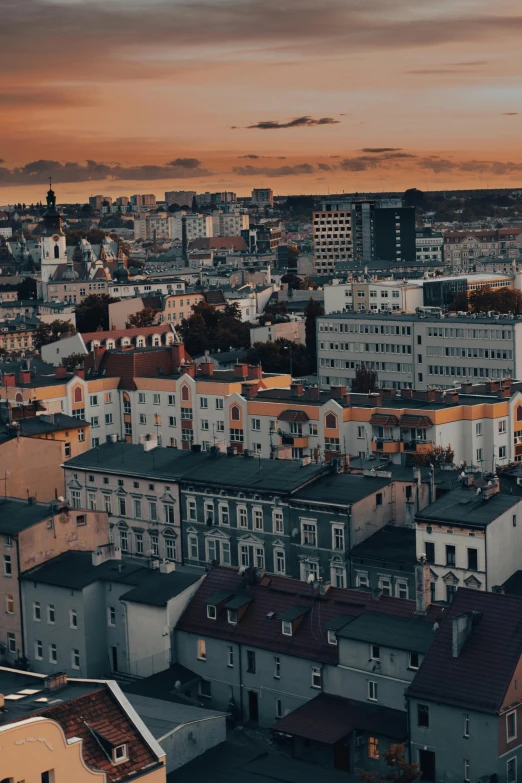 an aerial view of a city at sunset, by Adam Marczyński, unsplash contest winner, baroque, plain background, panoramic, grey, quaint