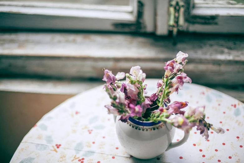 a vase filled with purple flowers sitting on top of a table, by Pamela Ascherson, unsplash, white mug, dressed in a worn, cottage decor, delicate patterned