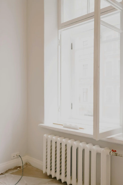 a room with a radiator and a window, by Adam Marczyński, pexels contest winner, light and space, clean white background, pastel', thoughtful ), фото девушка курит