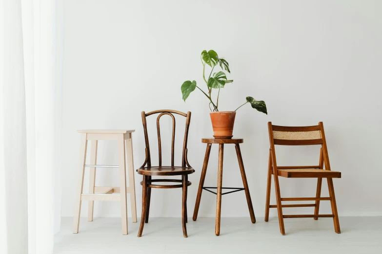 three chairs and a stool in a white room, inspired by Constantin Hansen, trending on unsplash, background image, houseplants, standing upright, various posed