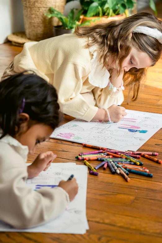 two little girls laying on the floor with crayons, a child's drawing, pexels contest winner, coloring book outline, private school, in colour, thumbnail