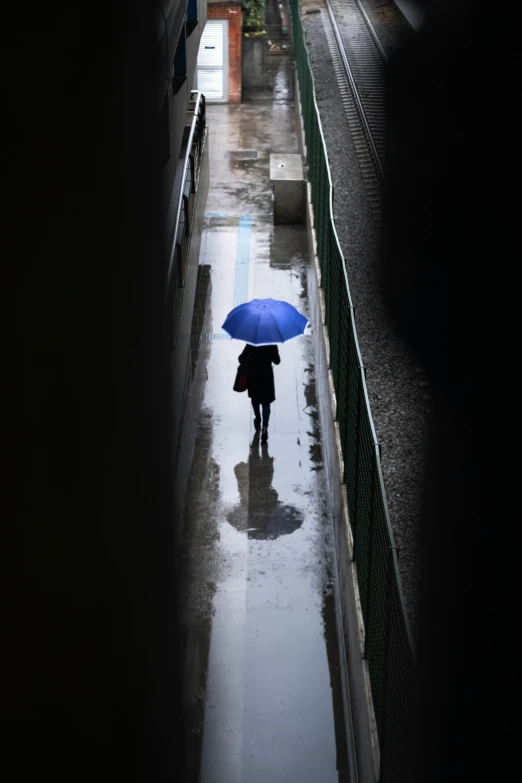 a person walking in the rain with an umbrella, by Yasushi Sugiyama, dripping blue natural iwakura, half in shadow, photographed for reuters, lisbon