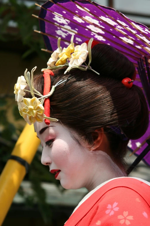 a woman dressed as a geisha with a purple umbrella, slide show, elaborate hairstyles, square, up-close