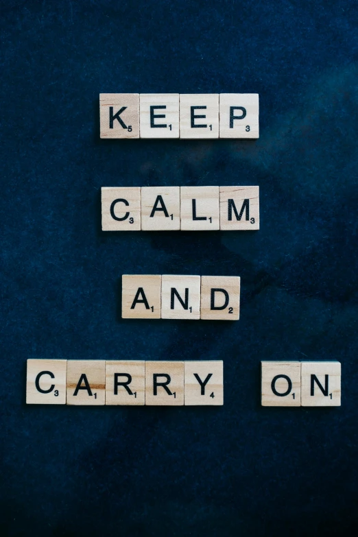 a sign that says keep calm and carry on, by Andries Stock, unsplash, 【 sciart 💙💜 mson, 1 6 x 1 6, navy, board games