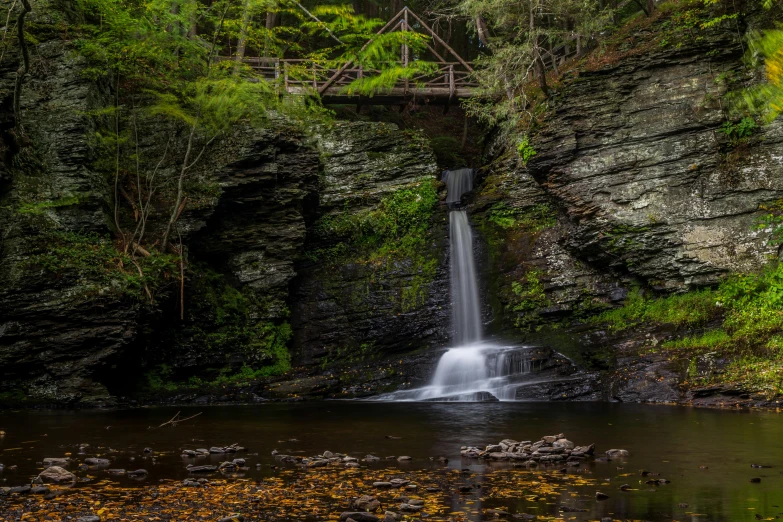 a waterfall flowing through a lush green forest, a portrait, pexels contest winner, hudson river school, old stone bridge over the creek, brown, outdoor photo, sandfalls