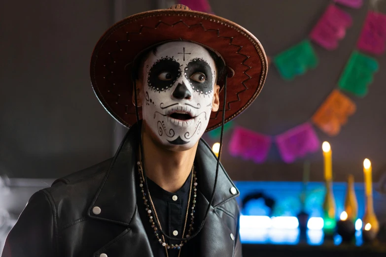 a man in a mexican day of the dead costume, by Meredith Dillman, pexels contest winner, graffiti, square, high forehead, scene from live action movie, vantablack gi