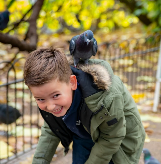 a young boy riding on the back of a skateboard, a picture, by John Henderson, pexels contest winner, with a crow on her shoulder, smiling playfully, taken in zoo, autumnal