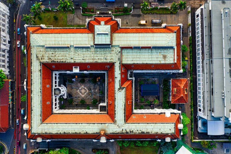 an aerial view of a building with a red roof, pexels contest winner, quito school, bali, square, extra detailed, high quality image