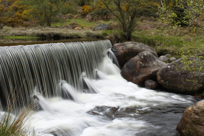 a small waterfall flowing through a lush green forest, a picture, unsplash, hurufiyya, caledonian forest, waterwheels, 2000s photo, fishing