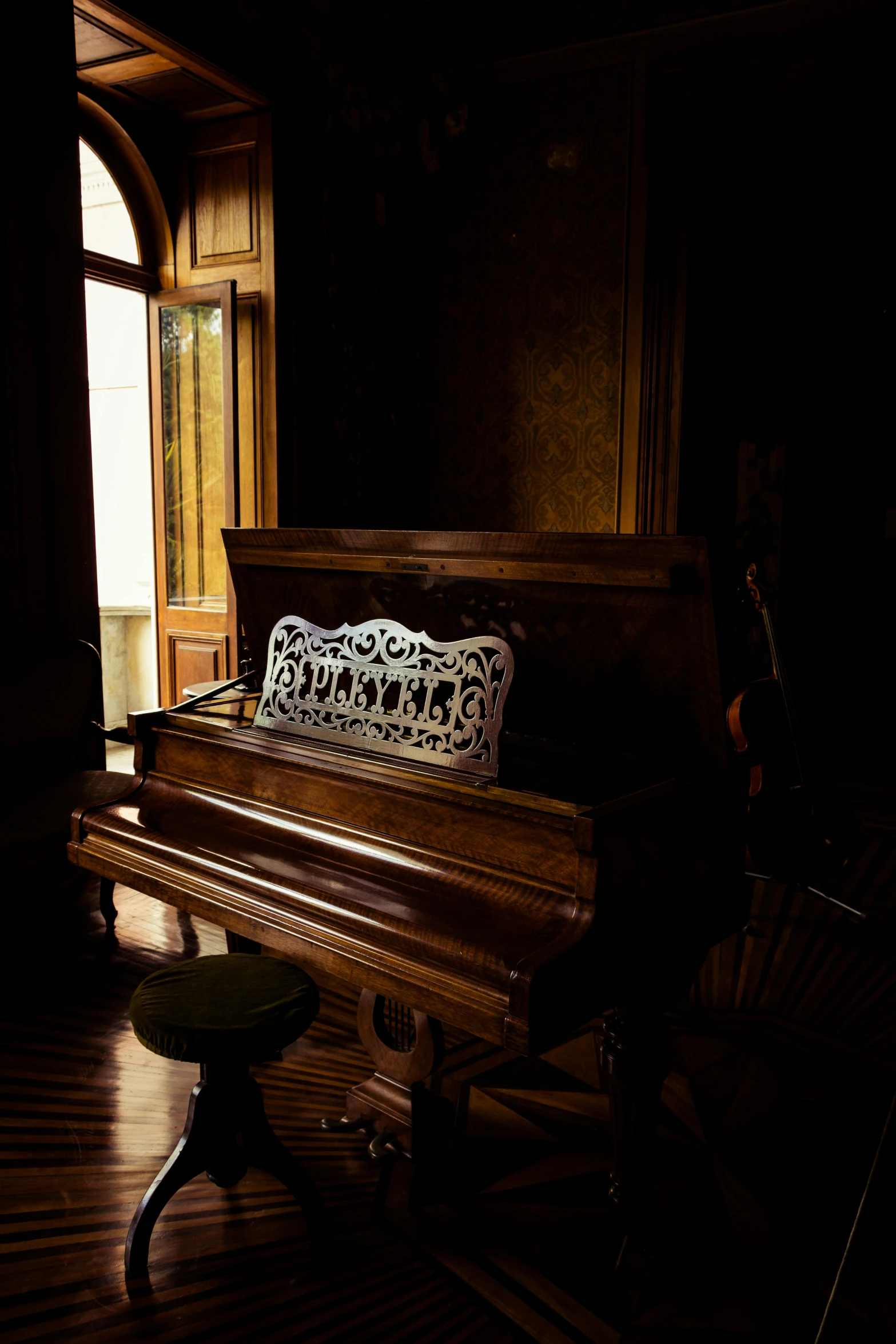 a piano sitting on top of a wooden floor, art nouveau, in savannah, cold light from the window, intricately carved, taken with sony alpha 9