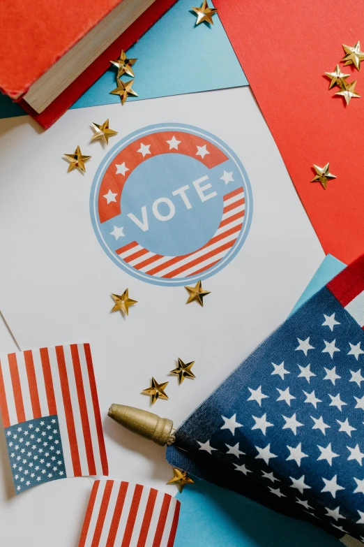 a card with the word vote on it surrounded by american flags, shutterstock, visual art, star charts, no - text no - logo, profile image, can