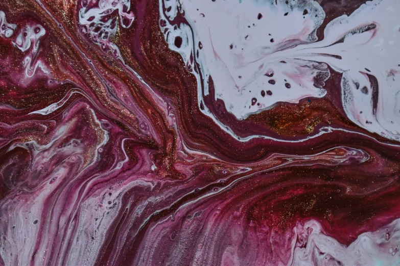 a close up of a purple and white painting, trending on pexels, red liquid, maroon metallic accents, intricate flowing paint, marble