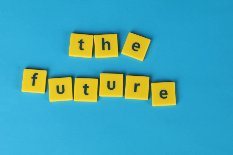 the word the future spelled with scrabbles on a blue background, by Jeanna bauck, gen z, on a yellow canva, feature, smooth feature