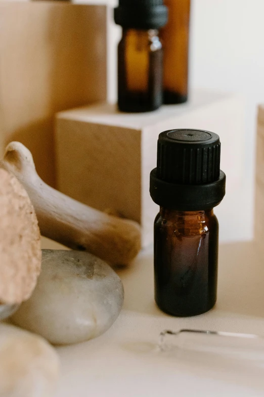 a bottle of essential oil next to a pile of rocks, a still life, unsplash, in a workshop, animated, low quality photo, manuka