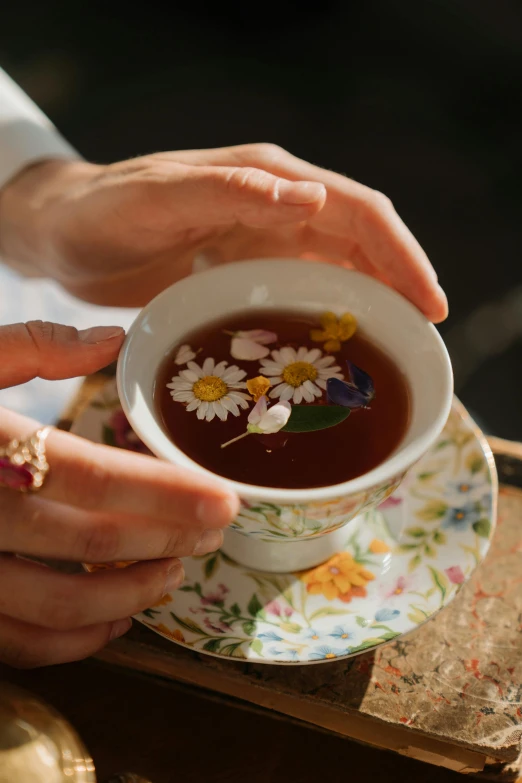 a close up of a person holding a cup of tea, pressed flowers, soup, profile image