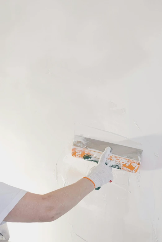 a man is painting a wall with a paint roller, reddit, arbeitsrat für kunst, with matte white angled ceiling, promo image, cracks, illustration:.4
