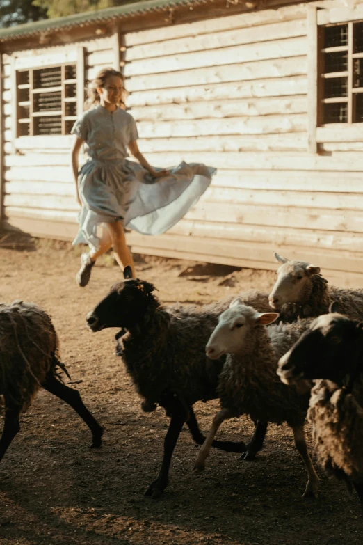 a woman is running with a herd of sheep, inspired by Russell Drysdale, pexels contest winner, renaissance, in a jumping float pose, sydney sweeney, outside in a farm, little bo peep