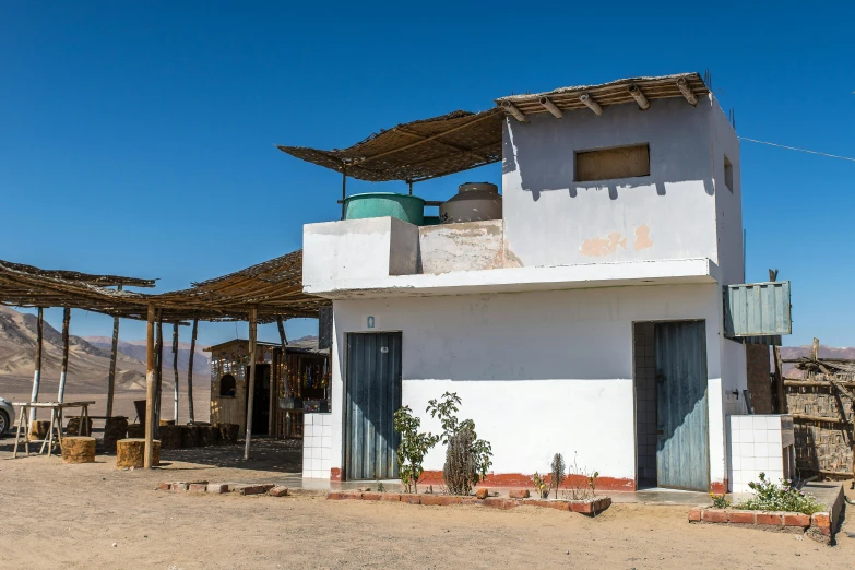 a white building sitting in the middle of a desert, arte povera, house kitchen on a sunny day, peruvian looking, background image, slide show