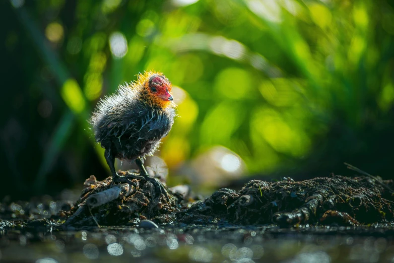 a small bird sitting on top of a pile of dirt, by Jan Tengnagel, unsplash contest winner, hurufiyya, located in a swamp at sunrise, freckles on chicks, fearow, miniature animal