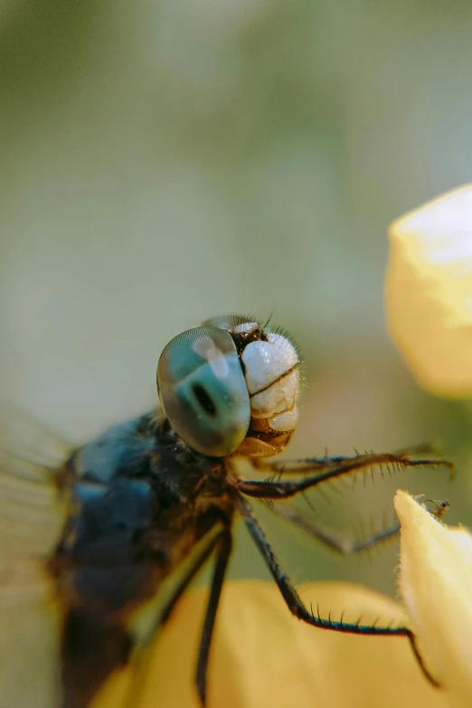 a blue dragonfly sitting on top of a yellow flower, a macro photograph, by Joe Stefanelli, pexels contest winner, eyes!, closeup 4k, avatar image, cinematic full shot