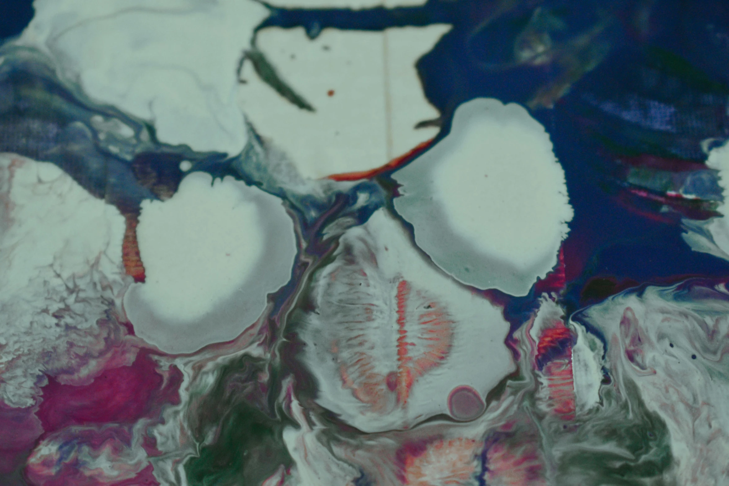 a group of marshmallows floating in a pool of water, a detailed painting, inspired by Shōzō Shimamoto, unsplash, generative art, close-up portrait film still, vhs footage still, microscopic photo, 1960s color photograph