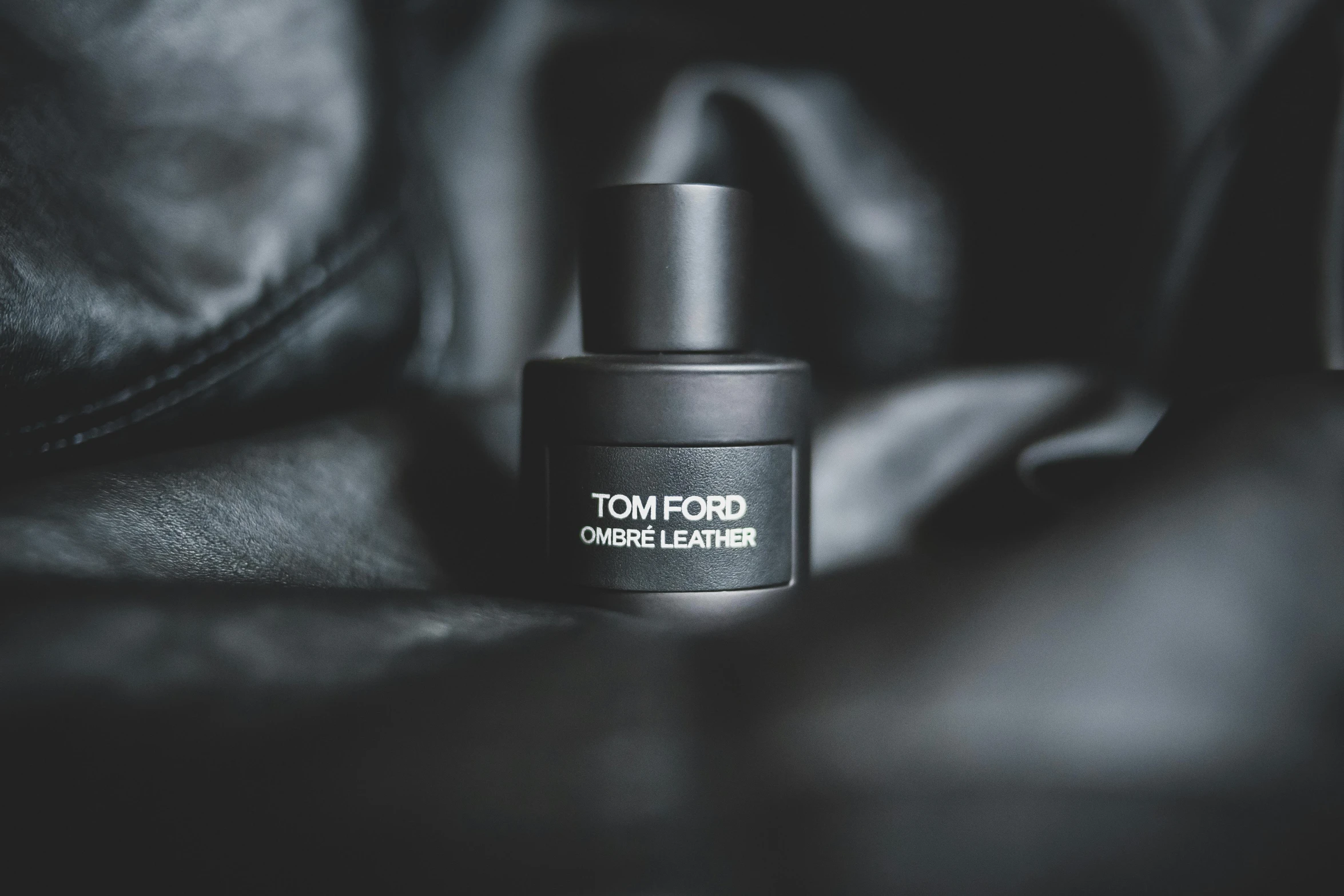 a bottle of tom ford cologne sitting on a leather couch, by Thomas Fogarty, underexposed grey, one character, wearing leather jacket, smoke grenade