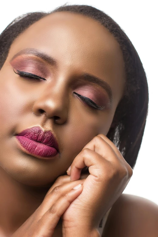 a close up of a woman holding her hand near her face, an album cover, inspired by Cosmo Alexander, trending on pexels, putting on lipgloss, ( ( dark skin ) ), thoughtful expression, brown and magenta color scheme
