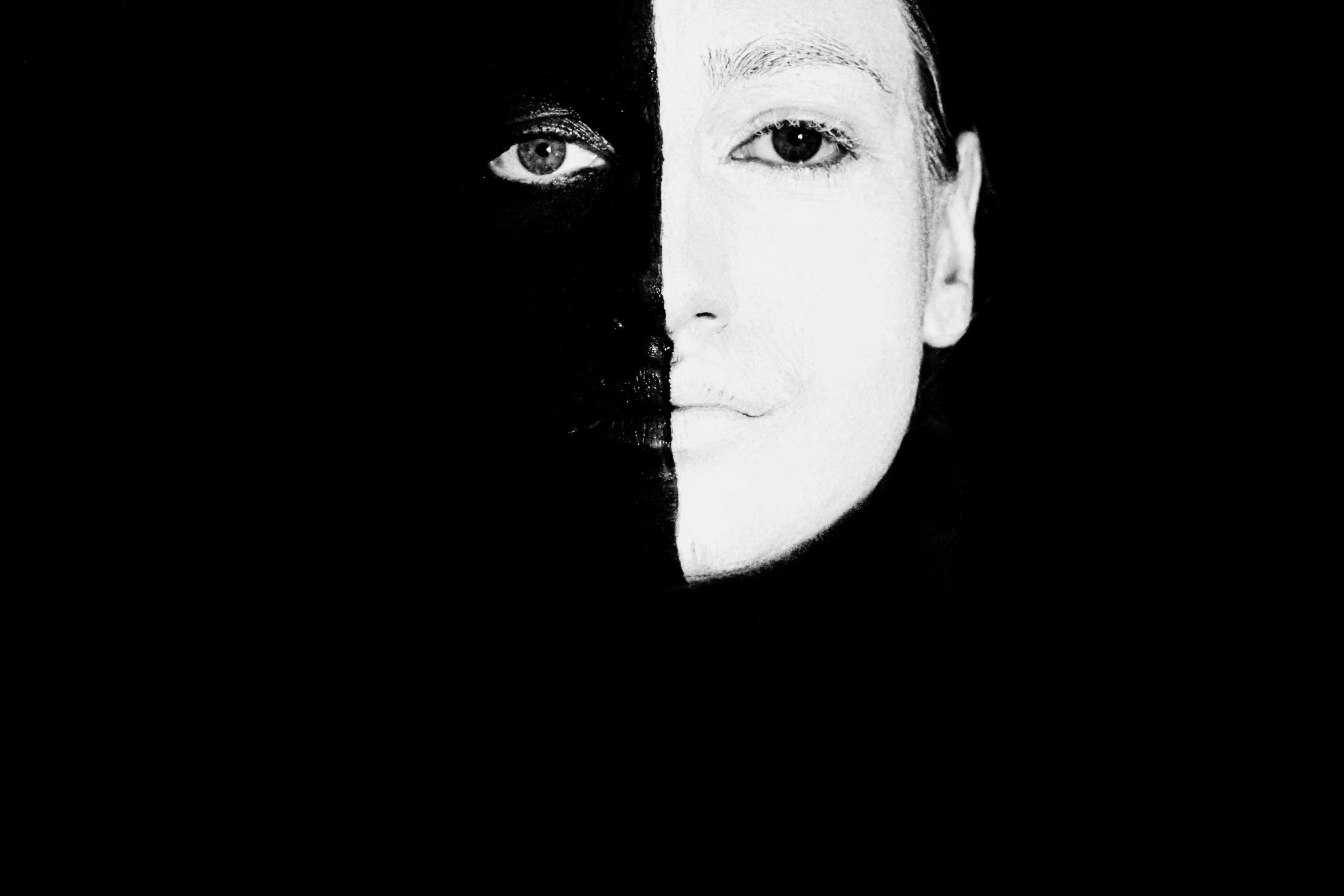 a black and white photo of a person's face, a black and white photo, antipodeans, yin yang, the color black, black eyed kids, light and darkness separated