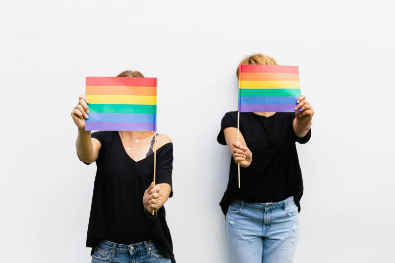 two women holding up rainbow flags against a white wall, trending on unsplash, background image, cardboard cutout, two male, half image