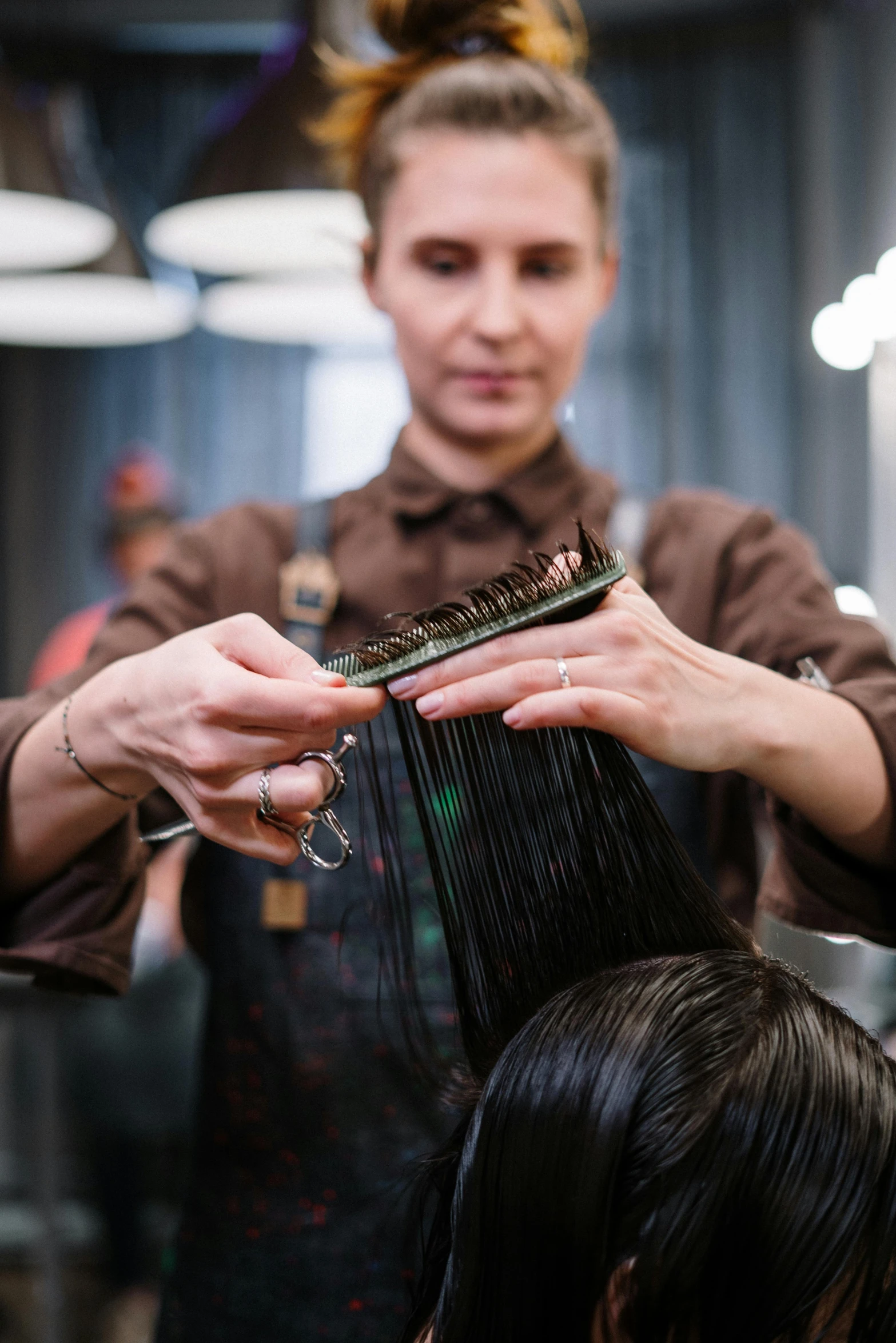 a woman cutting another woman's hair in a salon, by Julia Pishtar, trending on pexels, renaissance, head and shoulders view, fan favorite, half length, highly technical