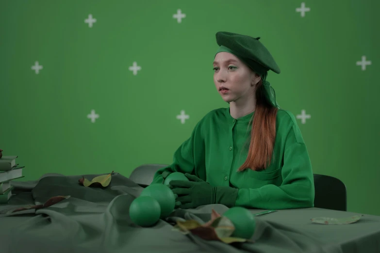 a woman sitting at a table in front of a green screen, inspired by Georges de La Tour, trending on deviantart, video art, wearing green clothing, an oversized beret, sitting on a bed, scattered props