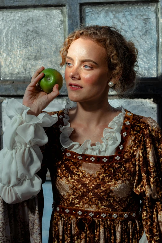 a woman holding an apple in front of a window, inspired by Artemisia Gentileschi, renaissance, annasophia robb as joan of arc, wearing a tudor style dress, sentient fruit, nvidia promotional image