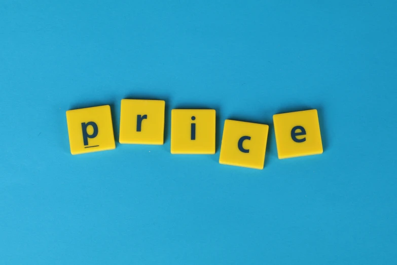 the word price spelled with scrabbles on a blue background, inspired by Phillip Peter Price, pexels, on yellow paper, square, 1 8, tastes