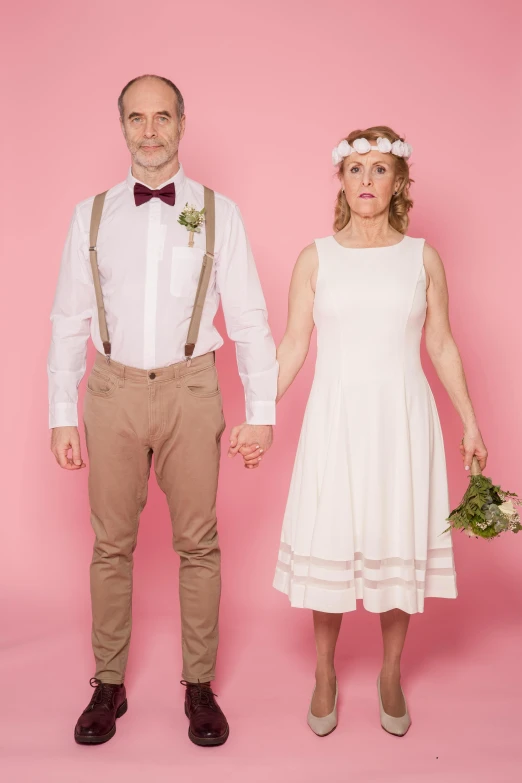a man and a woman standing next to each other, by Liza Donnelly, wearing a white folkdrakt dress, hands retouched, hilarious, 15081959 21121991 01012000 4k