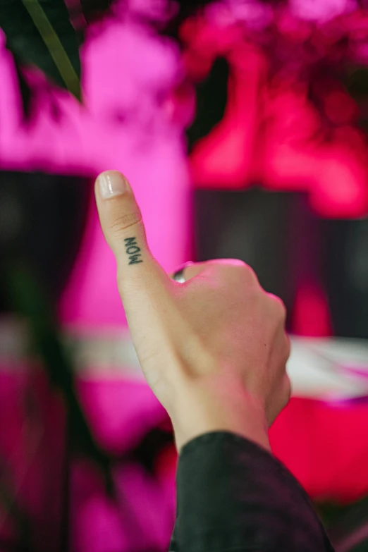 a close up of a person holding a cell phone, a tattoo, giving the middle finger, neon pink and black color scheme, nmm, performing