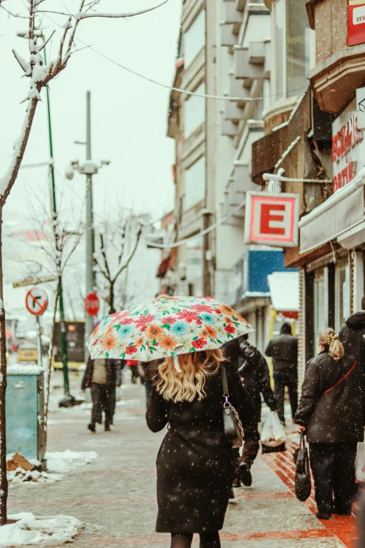 a group of people walking down a street holding umbrellas, a photo, trending on unsplash, winter snow, a blond, exiting store, blooming