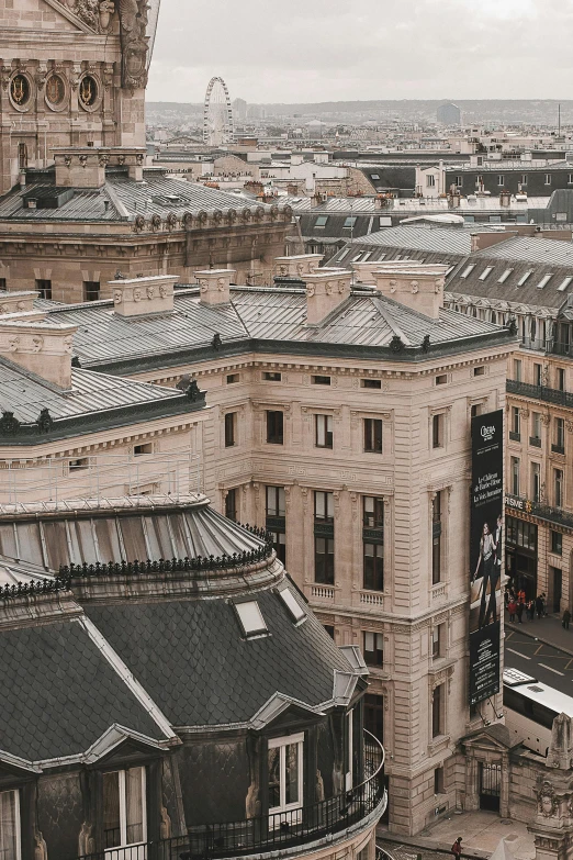 a view of a city from the top of a building, poster art, by Raphaël Collin, trending on unsplash, neoclassicism, simple gable roofs, square, museum photo, looking partly to the left