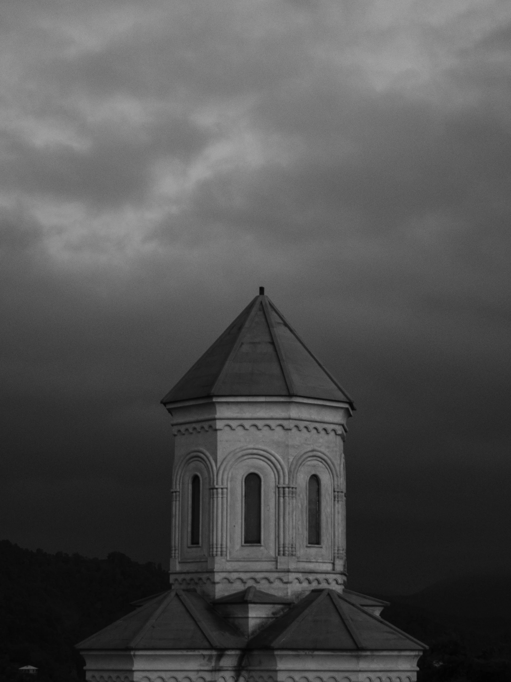 a black and white photo of a church, a black and white photo, by andrei riabovitchev, unsplash contest winner, sad sky, square, ilustration, watch tower